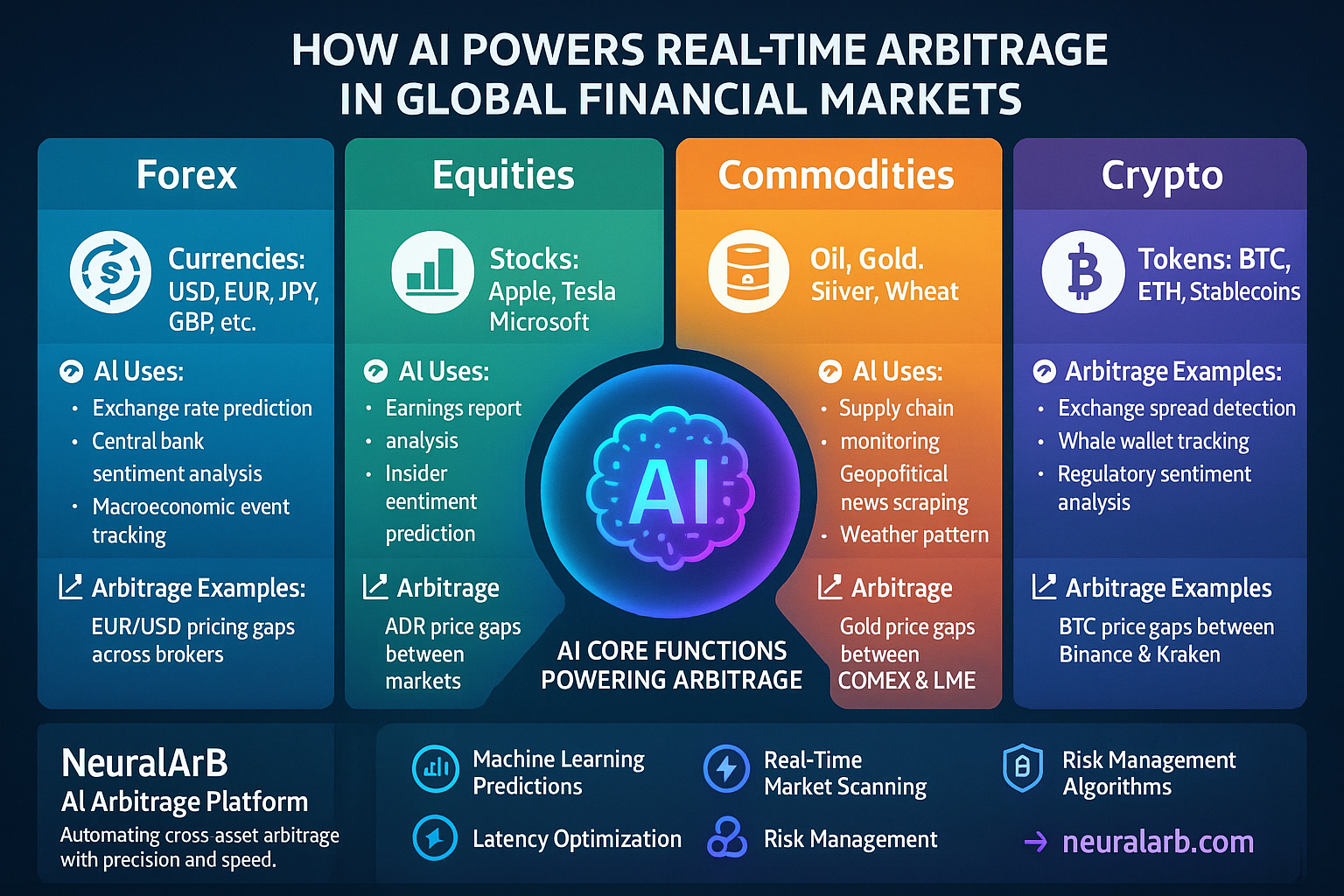 How AI powers real-time arbitrage in global financial markets across four asset classes: Forex, Equities, Commodities, and Crypto.
