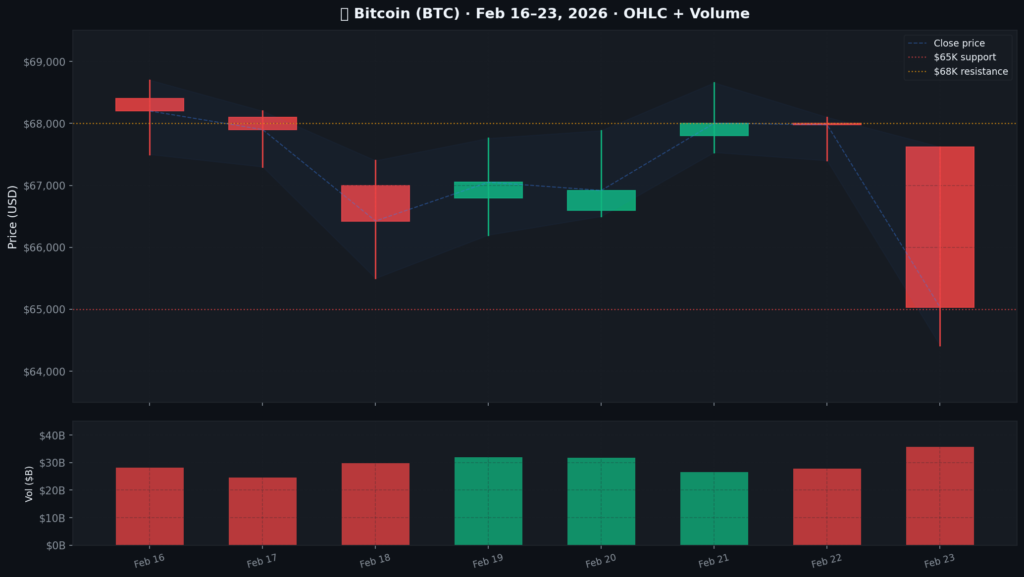 Figure 1: Bitcoin (BTC) Price OHLC Chart showing the sharp decline on Feb 23.