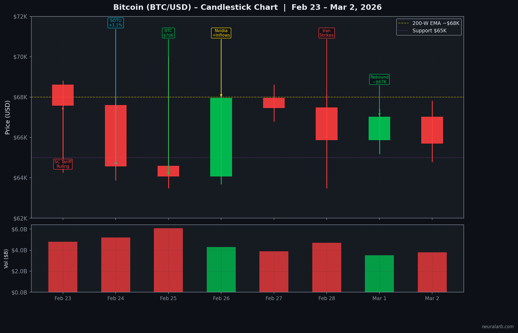 Bitcoin price chart February 23 - March 2, 2026 showing OHLC candlesticks and volume
