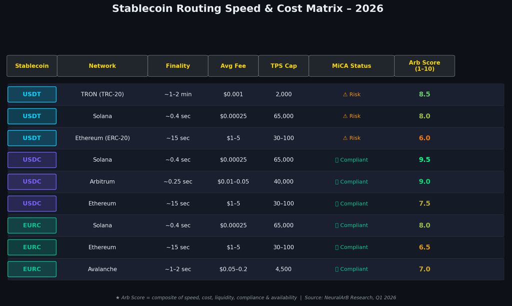 USDC-Solana leads with a 9.5/10 Arb Score; USDT-TRON tops non-MiCA routes