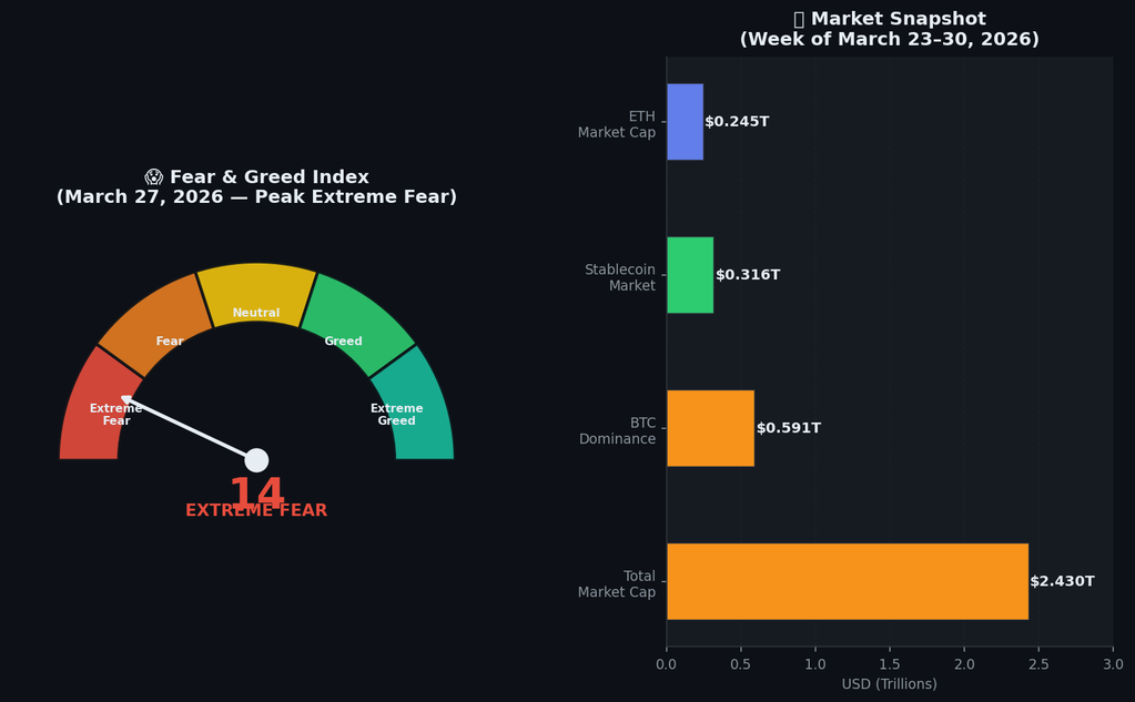 F&G hit 14/100 (Extreme Fear) on March 27 — the lowest reading of 2026. Total market cap: $2.43T